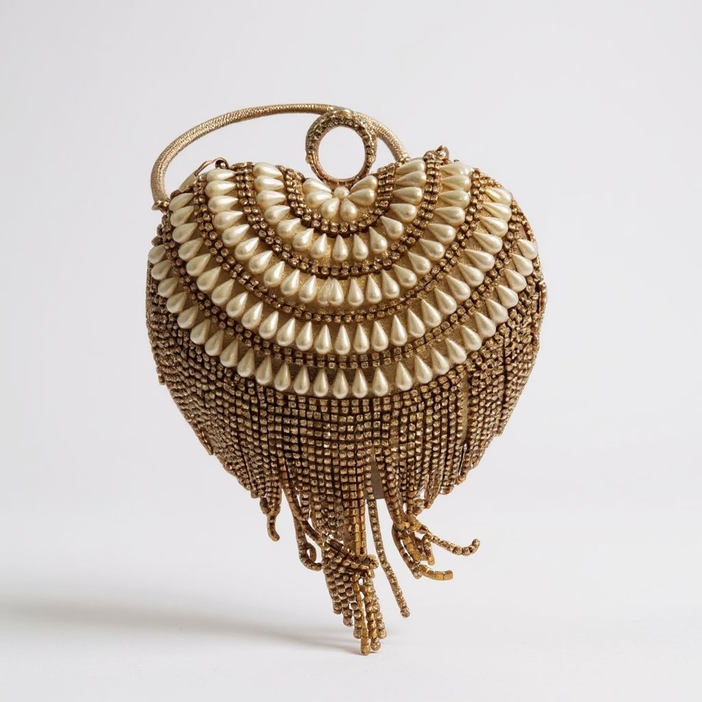 Gold Beaded Heart Clutch with Pearl Accents